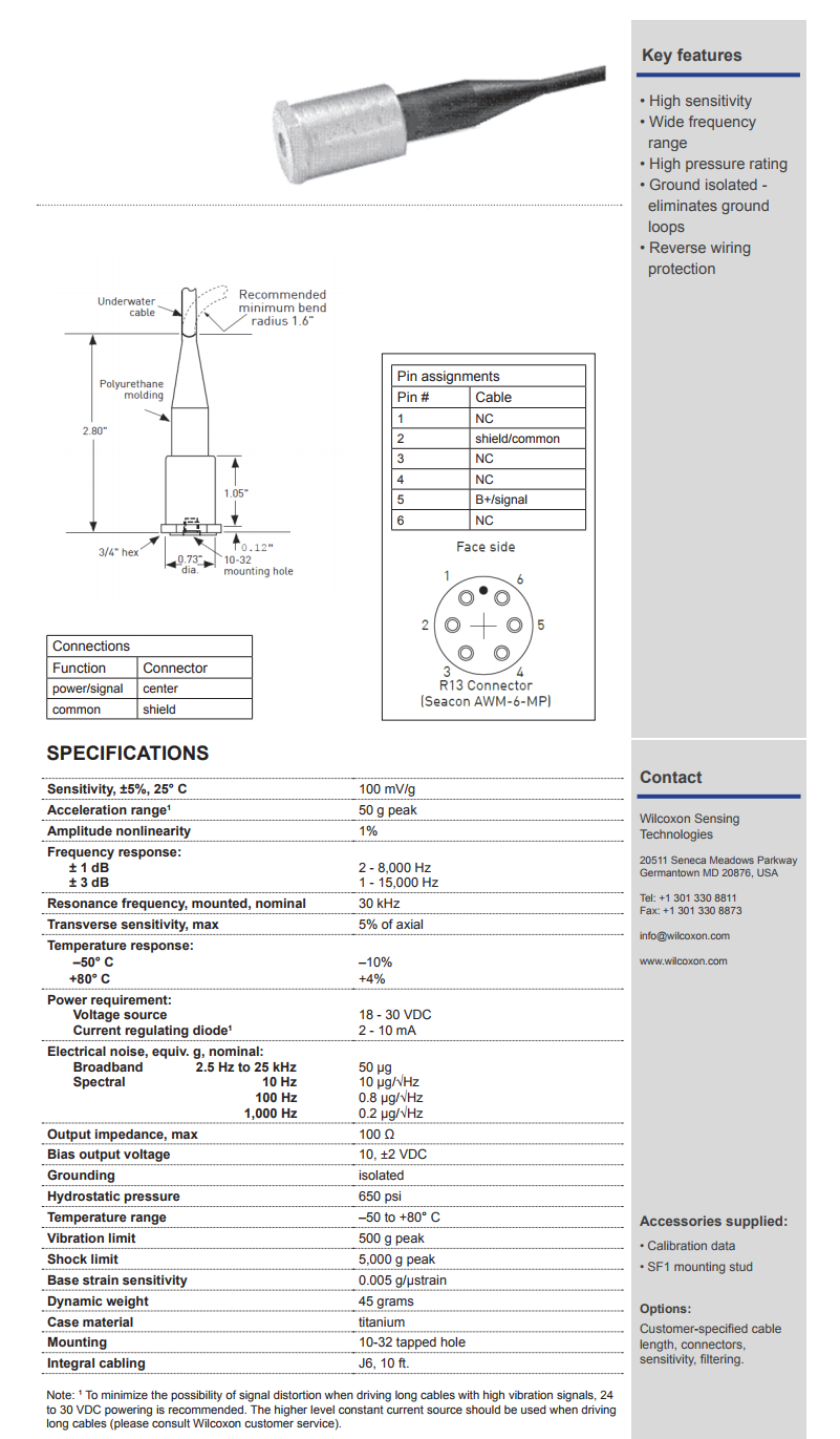 威爾康森水下加速振動計技術參數
