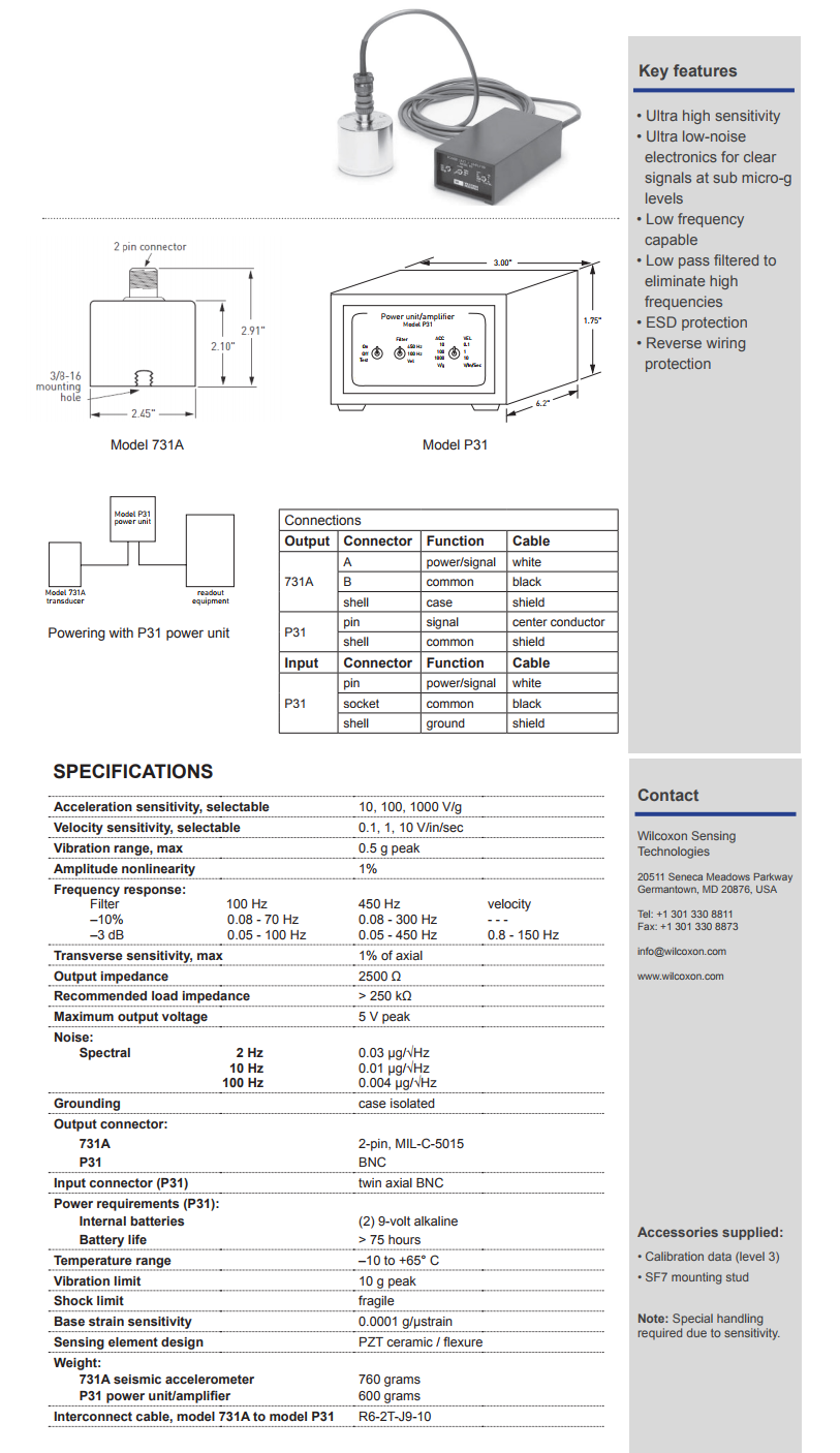 威爾康森地震加速度振動計和電源/放大器731A / P31參數