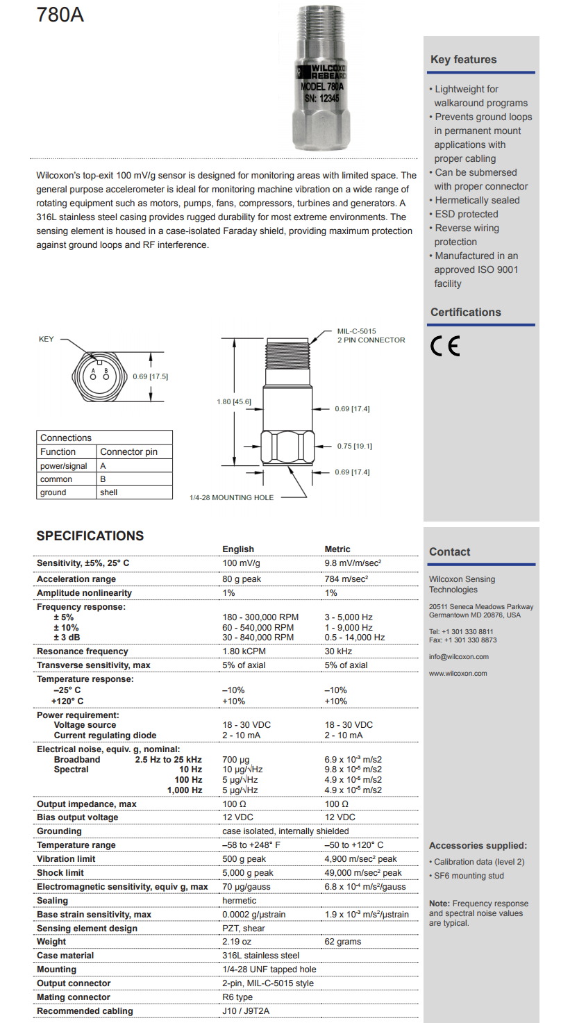 威爾康森緊湊型加速度振動計780A型技術參數