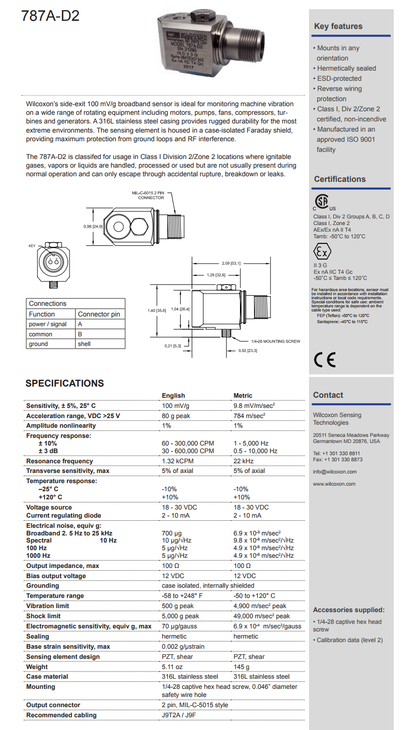 威爾康森標準加速振動計787A-D2型技術參數