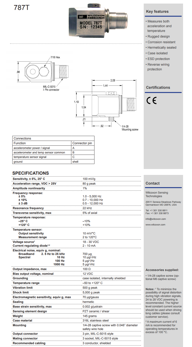 威爾康森加速度+溫度雙輸出振動傳感器787T型技術參數