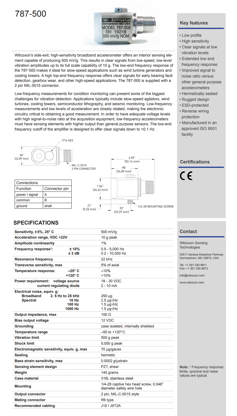 威爾康森高輸出振動傳感器787-500型技術參數
