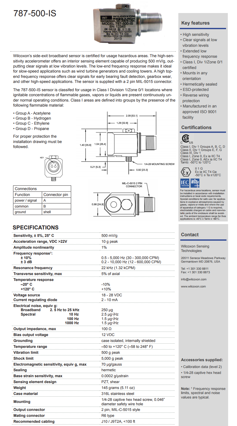 威爾康森認證的高輸出振動傳感器787-500-IS型技術參數