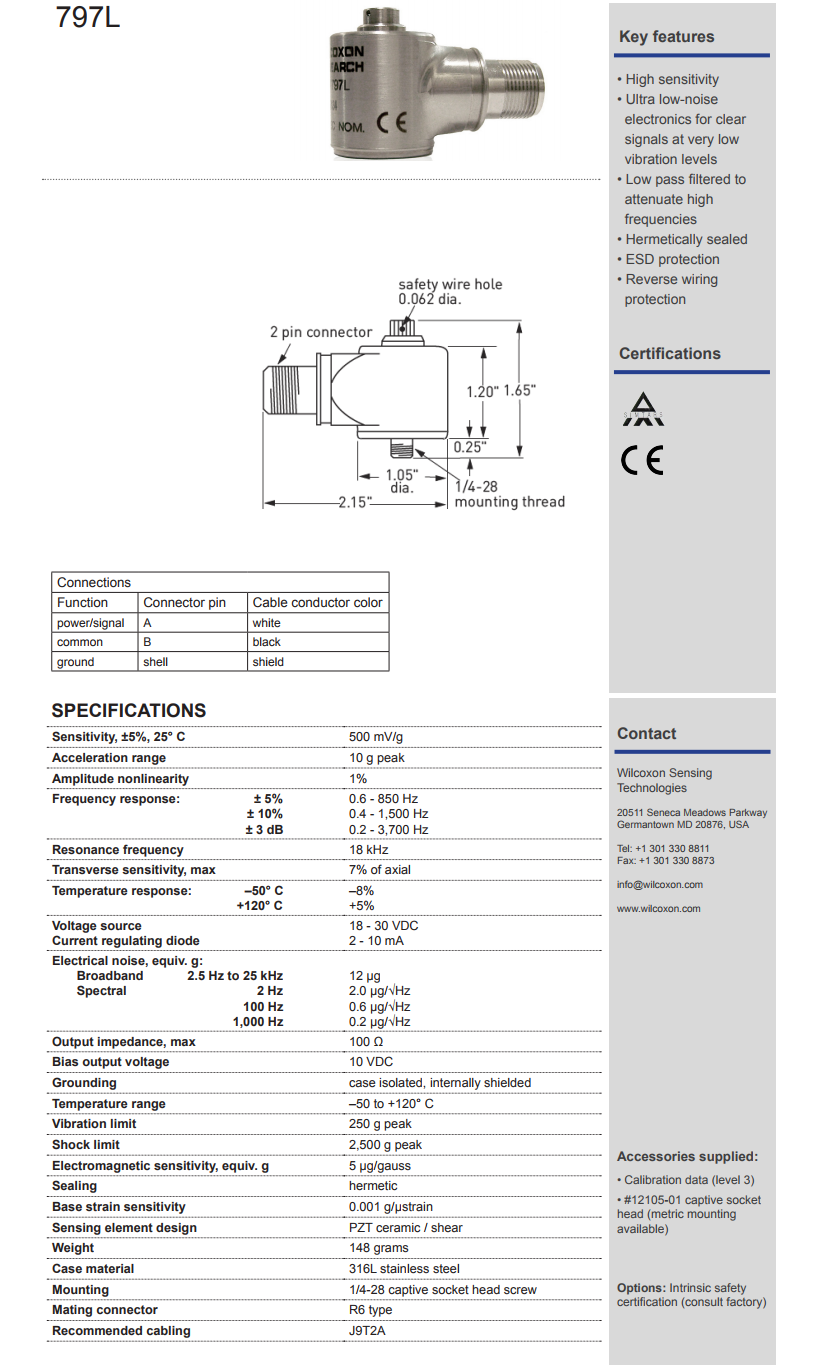 威爾康森高級振動傳感器797L型技術參數(shù)