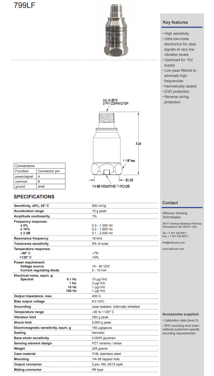 威爾康森優質過濾振動傳感器799LF型技術參數