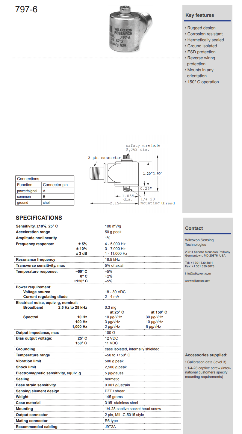威爾康森高溫振動傳感器797-6型技術(shù)參數(shù)