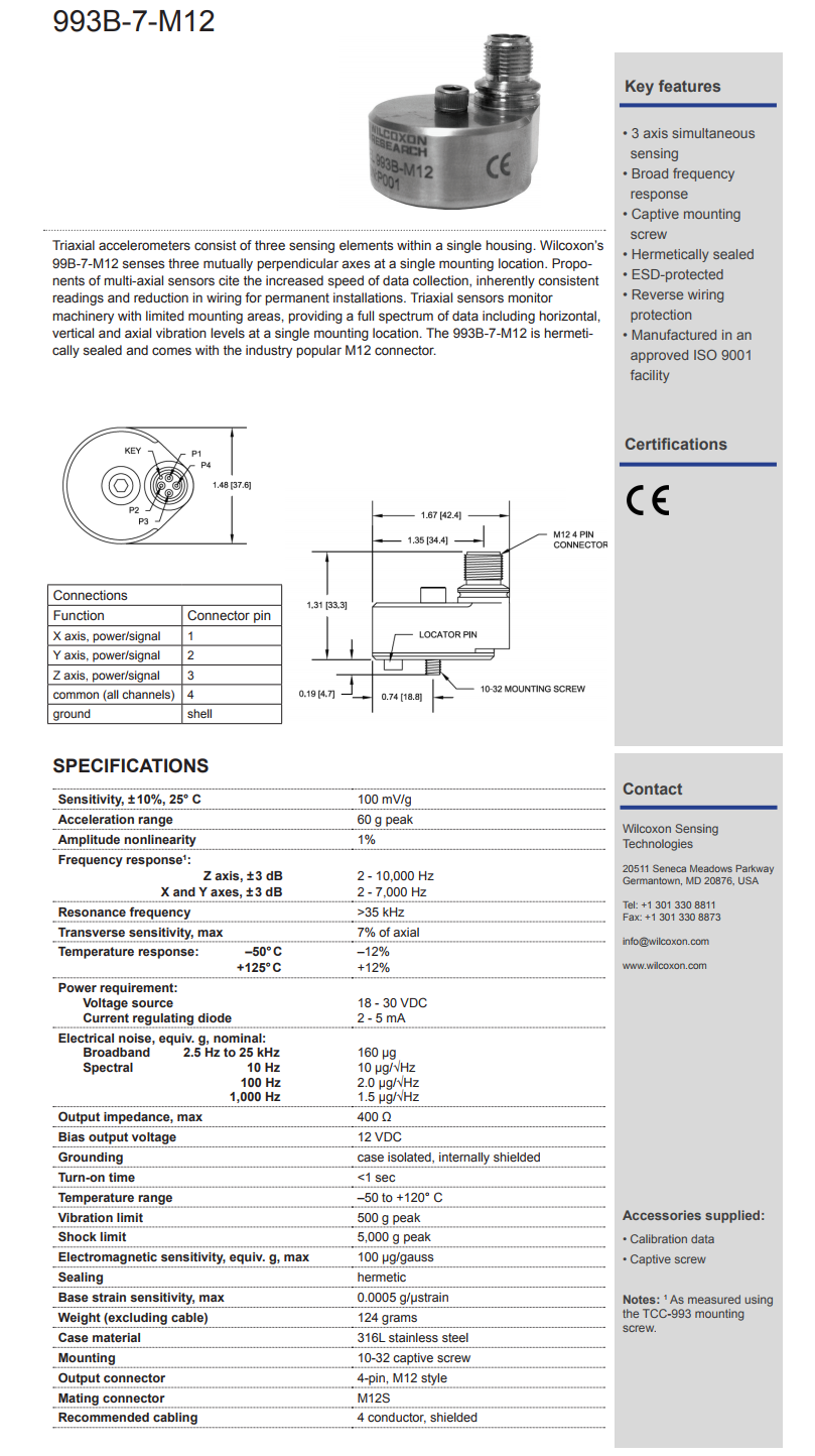 威爾康森三軸加速振動計993B-7-M12型
