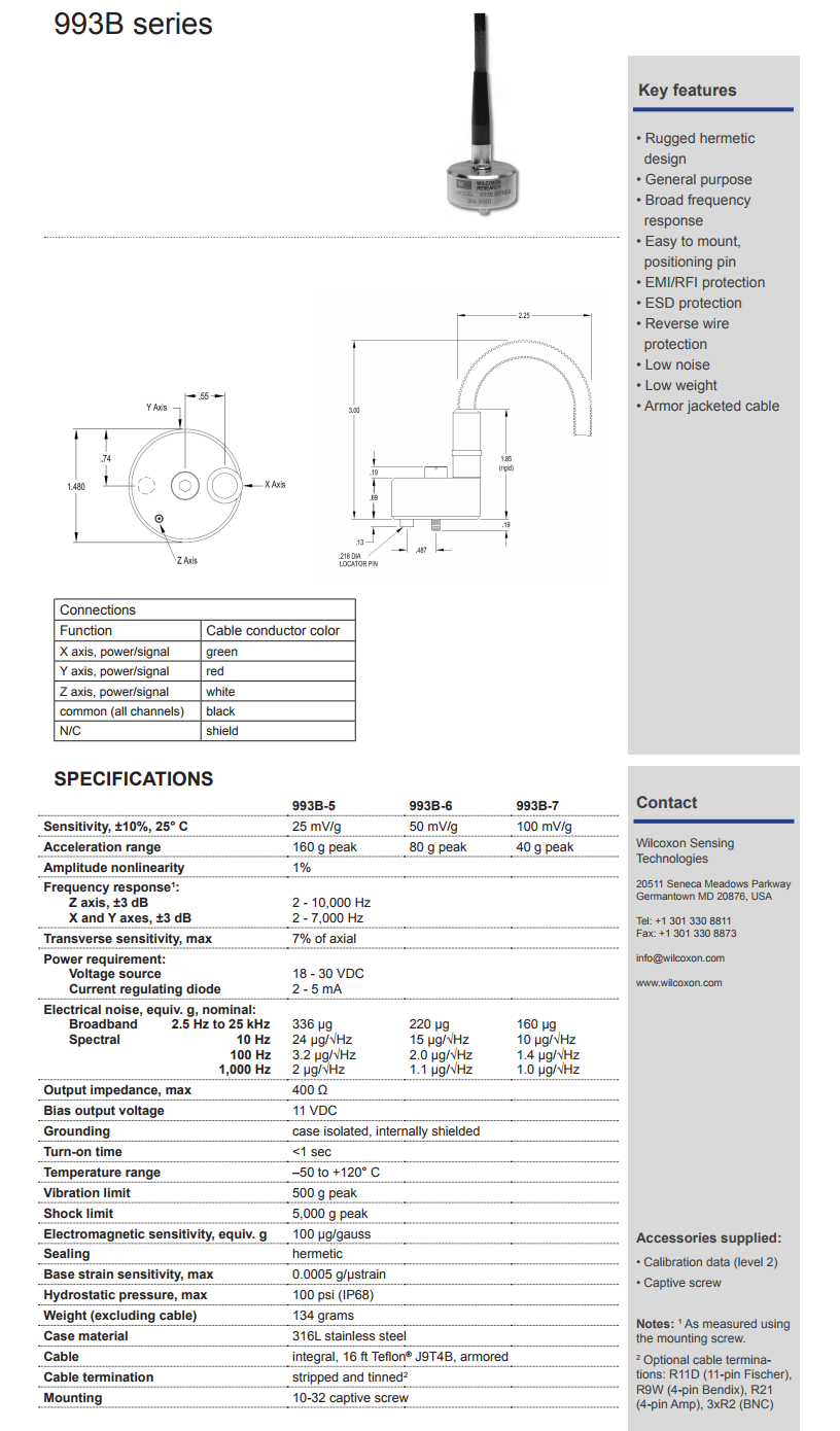 威爾康森帶有整體電纜的三軸加速度振動計技術參數