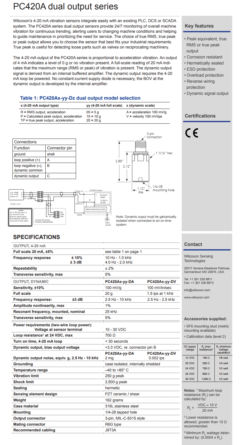威爾康森帶有動態(tài)振動輸出的4-20mA回路供電振動傳感器PC420AR-10-DA型的技術參數(shù)