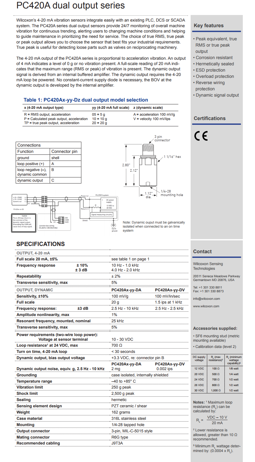 威爾康森4-20mA回路供電振動傳感器，帶動態振動輸出PC420AP-20-DA型技術參數