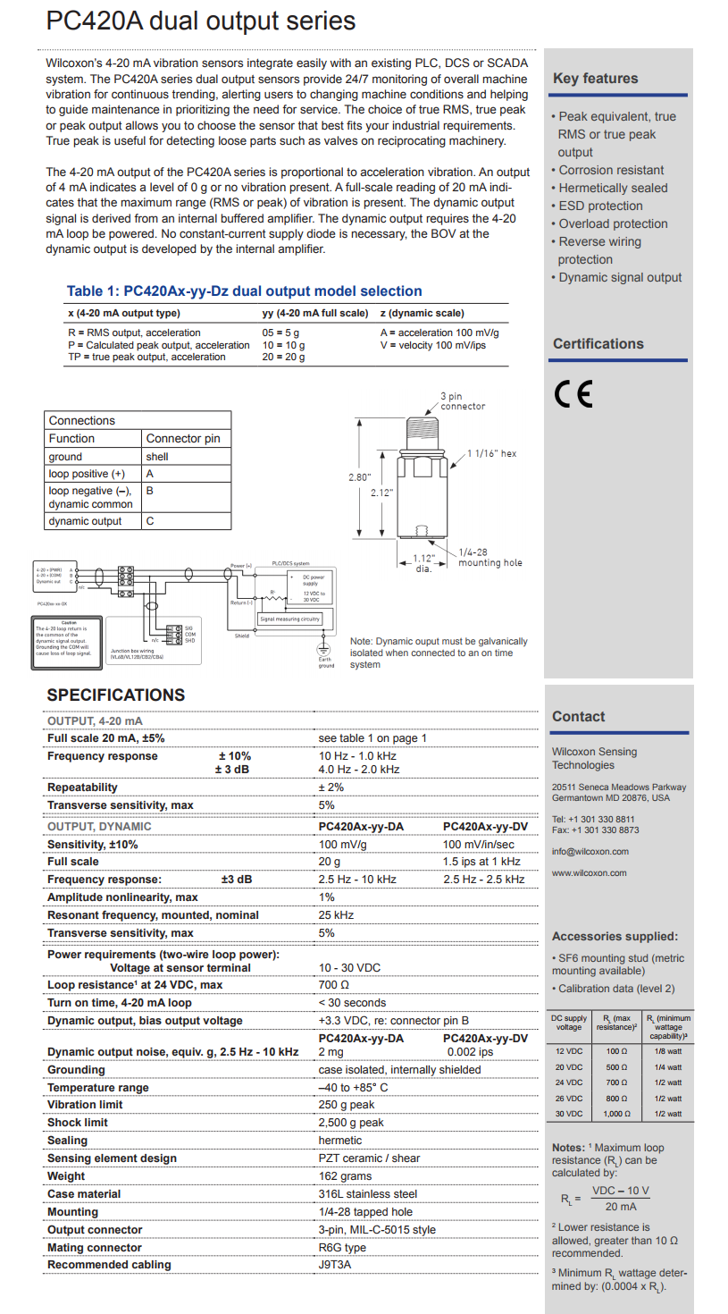 威爾康森4-20mA回路供電振動傳感器，帶動態振動輸出PC420AP-10-DA型技術參數