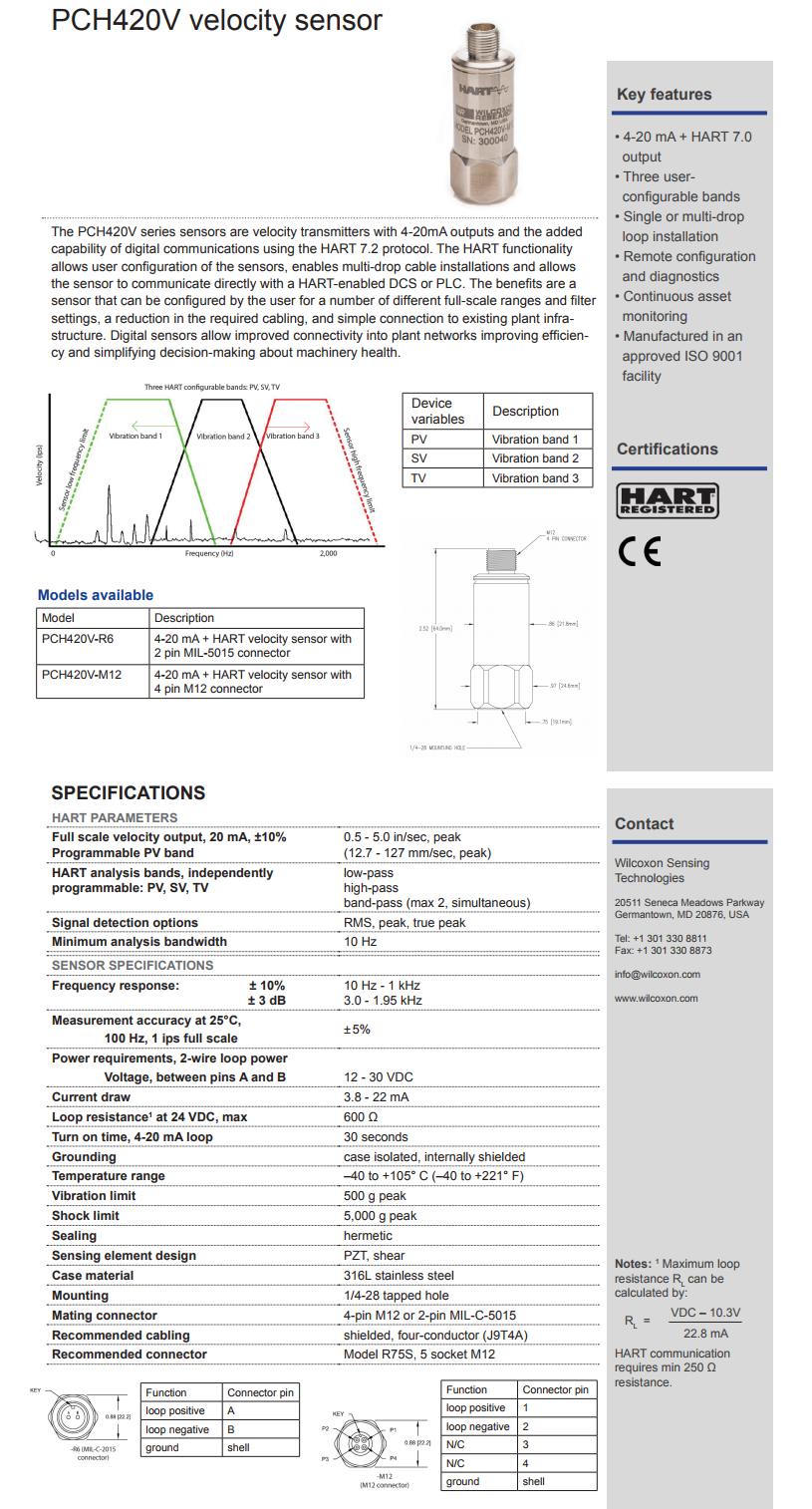 威爾康森支持HART的4-20mA速度振動傳感器PCH420V-R6-HZ型技術參數