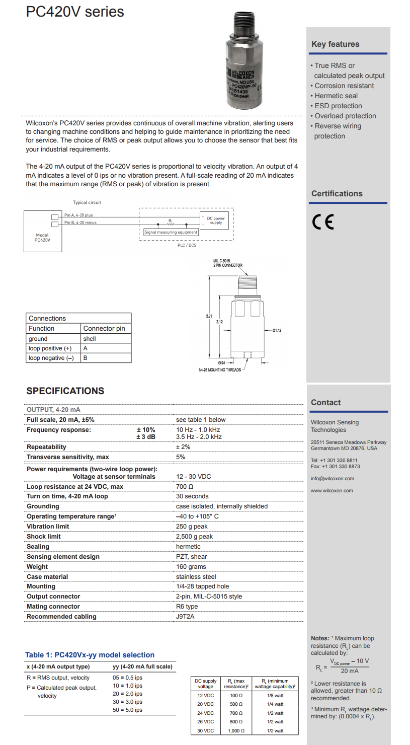 威爾康森4-20mA回路供電振動傳感器PC420VR-05型技術(shù)參數(shù)
