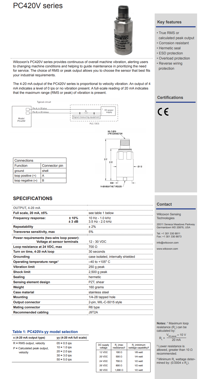 威爾康森4-20mA回路供電振動傳感器PC420VP-20型技術參數