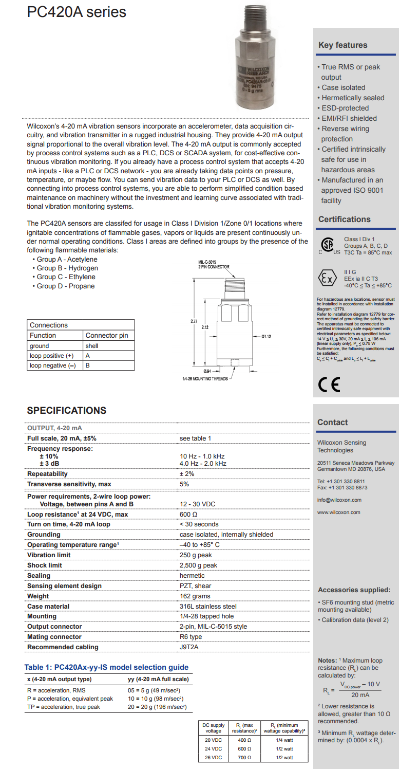 威爾康森回路供電振動傳感器PC420AP-20-IS型技術參數