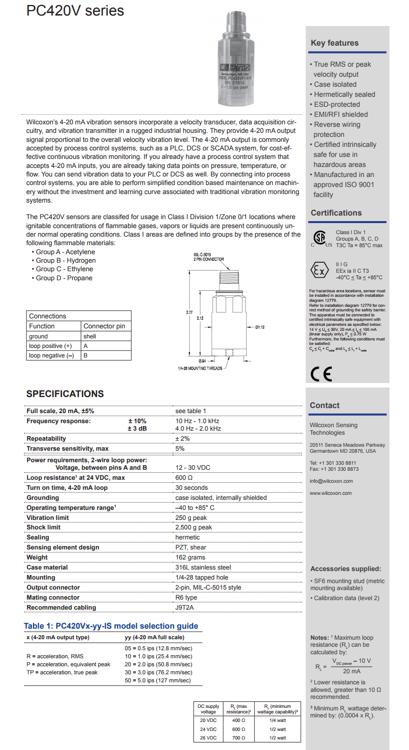 威爾康森回路供電振動(dòng)傳感器PC420VR-05-IS型技術(shù)參數(shù)