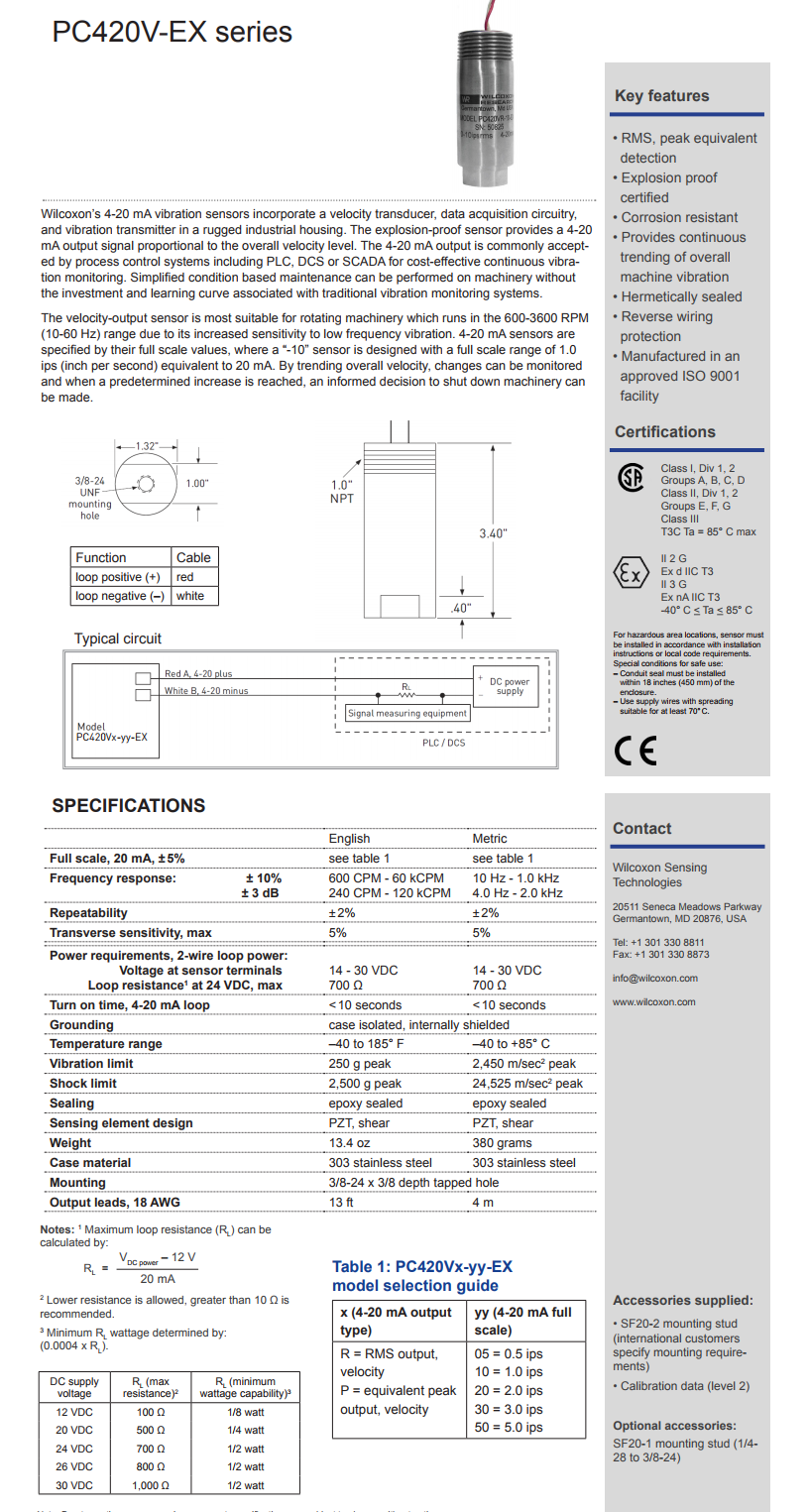 威爾康森回路供電振動(dòng)傳感器PC420VP-10-EX型技術(shù)參數(shù)