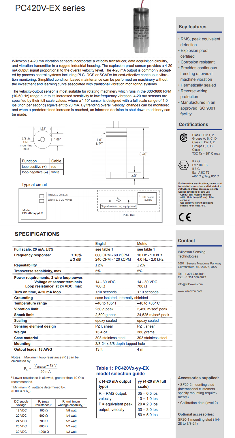威爾康森回路供電振動傳感器PC420VP-30-EX型技術參數