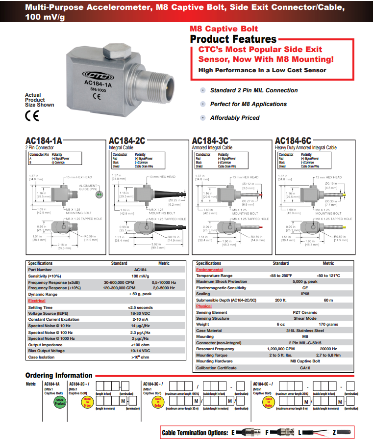 CTC多用途標準尺寸加速度振動計AC184技術參數