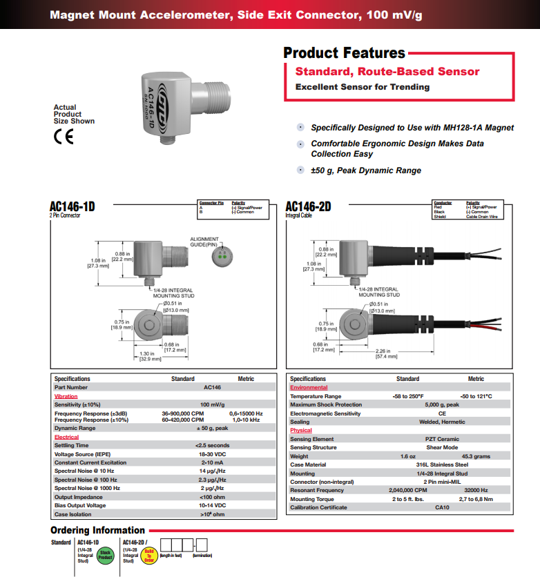 CTC 標準尺寸小側出口振動傳感器AC146 技術參數