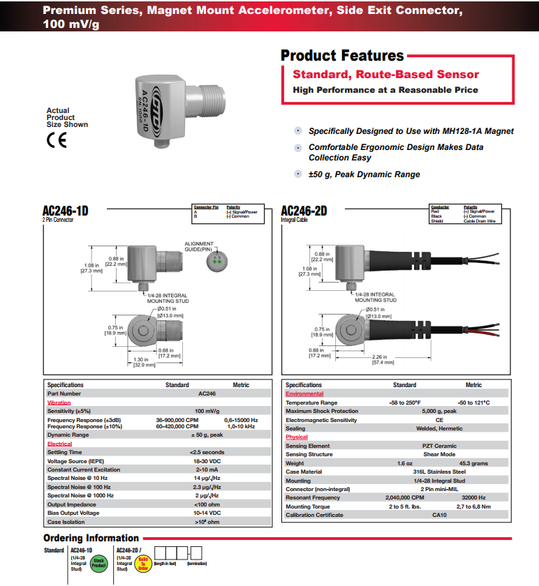 CTC標(biāo)準(zhǔn)尺寸 高級加速度振動傳感器AC246技術(shù)參數(shù)