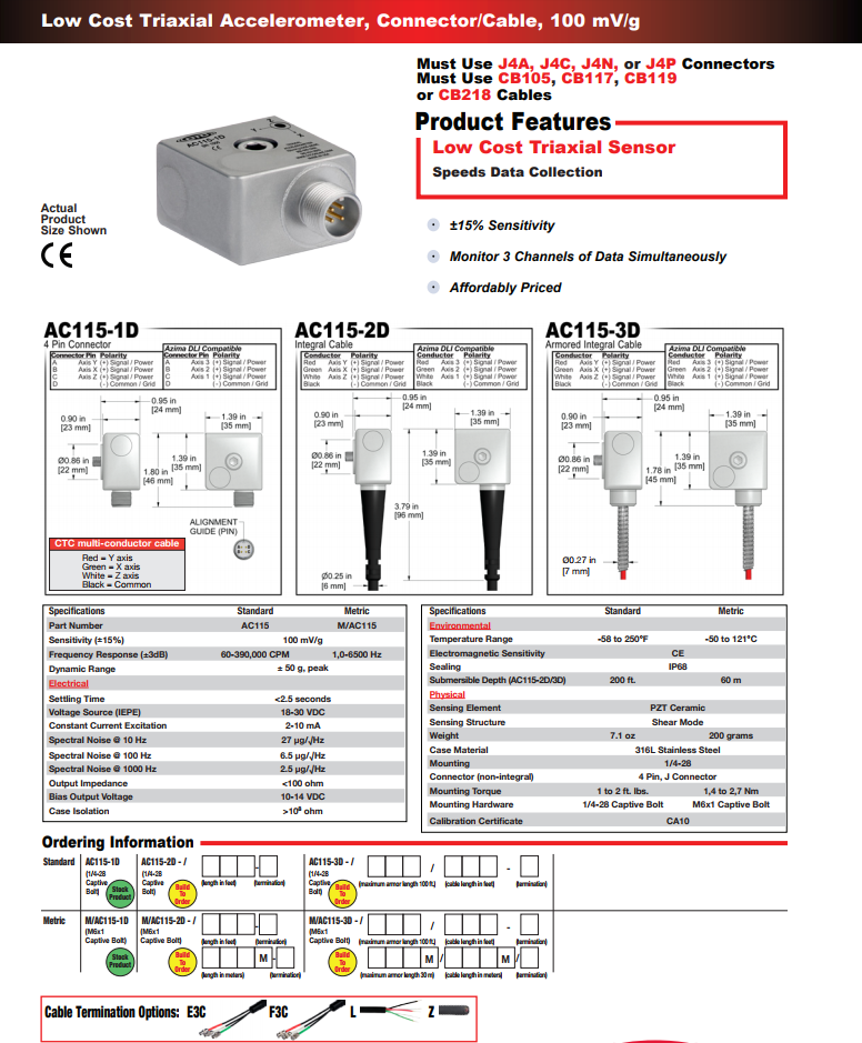 CTC低成本三軸加速度振動計AC115  技術參數