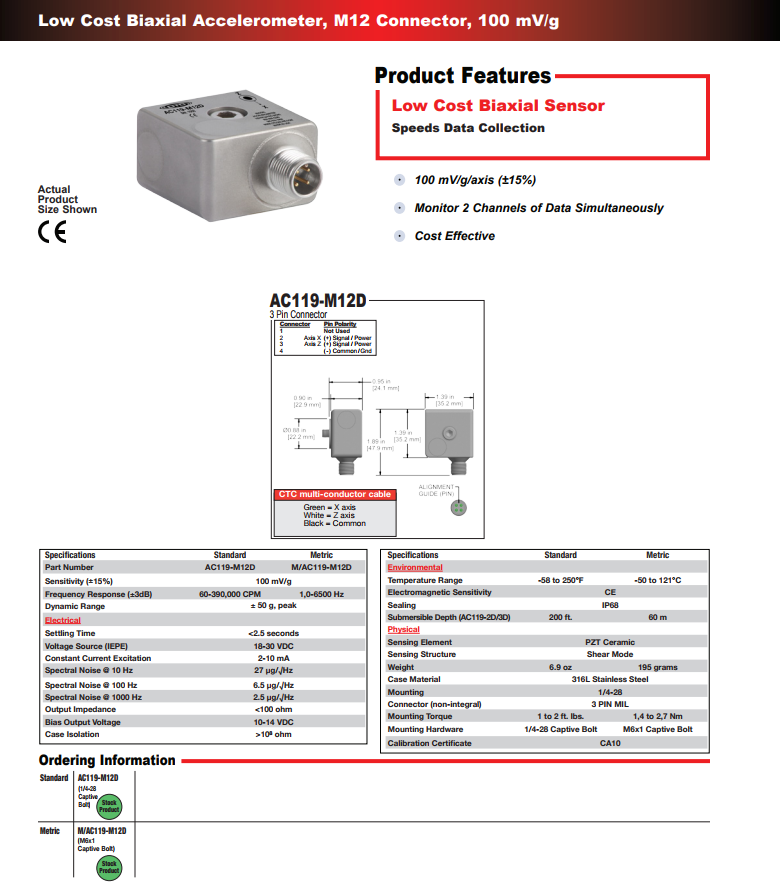 CTC雙軸加速度計AC119-M12D 技術參數