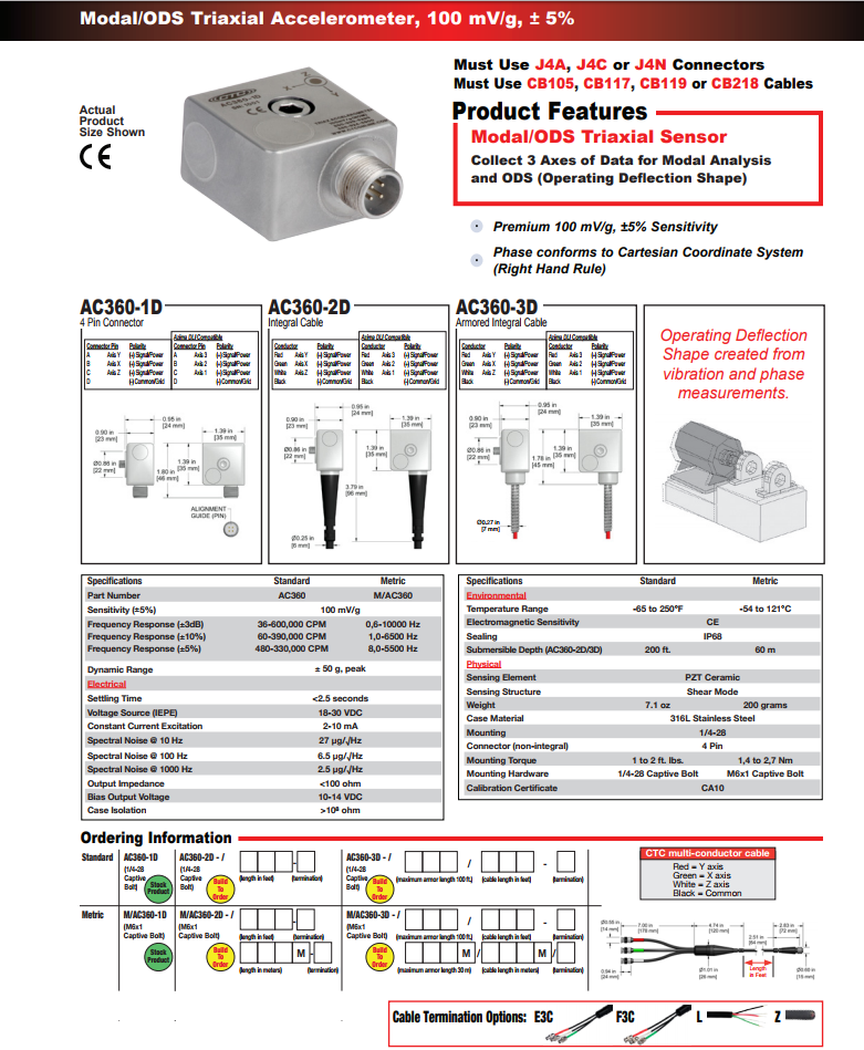 CTC 模態(tài)/ ODS三軸加速度振動傳感器AC360技術參數