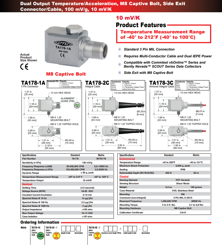 CTC雙輸出溫度/加速度振動傳感器TA178 技術參數