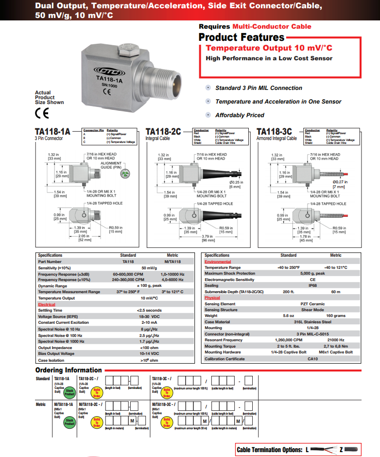 CTC雙輸出溫度/加速度振動傳感器TA118技術(shù)參數(shù)