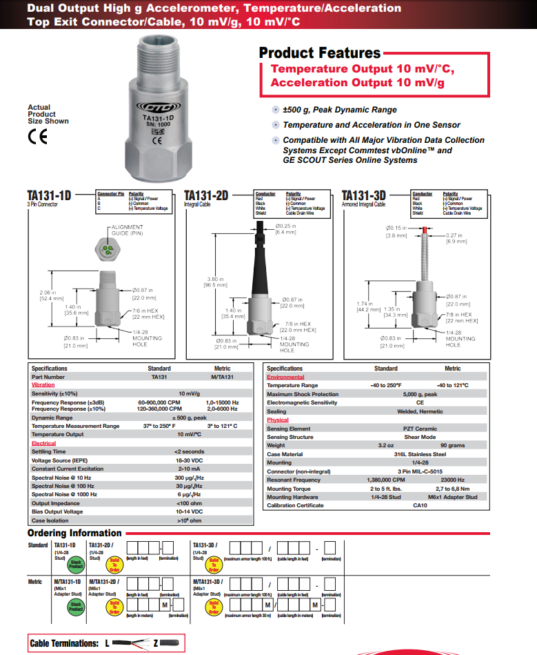 CTC雙輸出高g加速度振動傳感器TA131技術參數