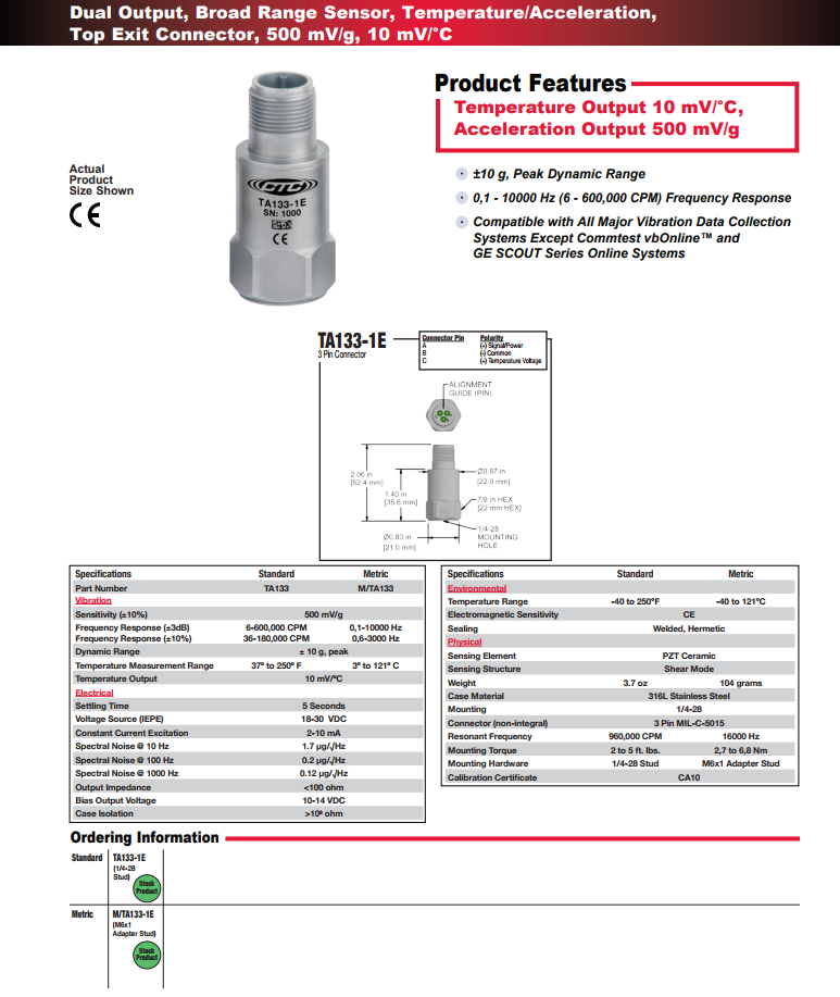 CTC雙輸出低g加速度振動傳感器TA133技術參數