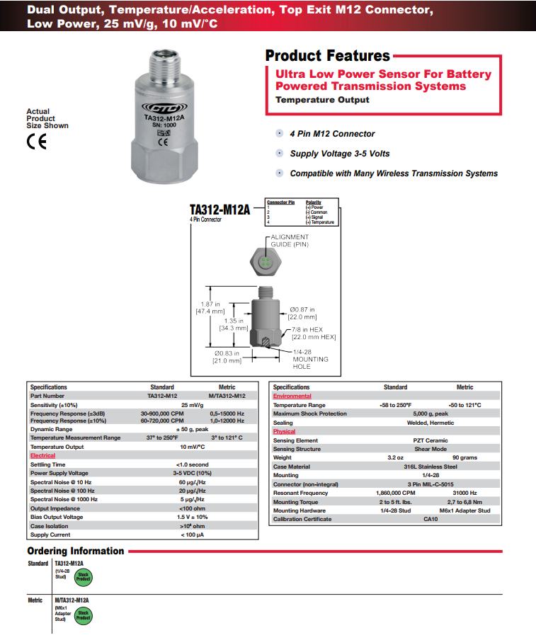 CTC 雙輸出振動傳感器TA312 技術(shù)參數(shù)