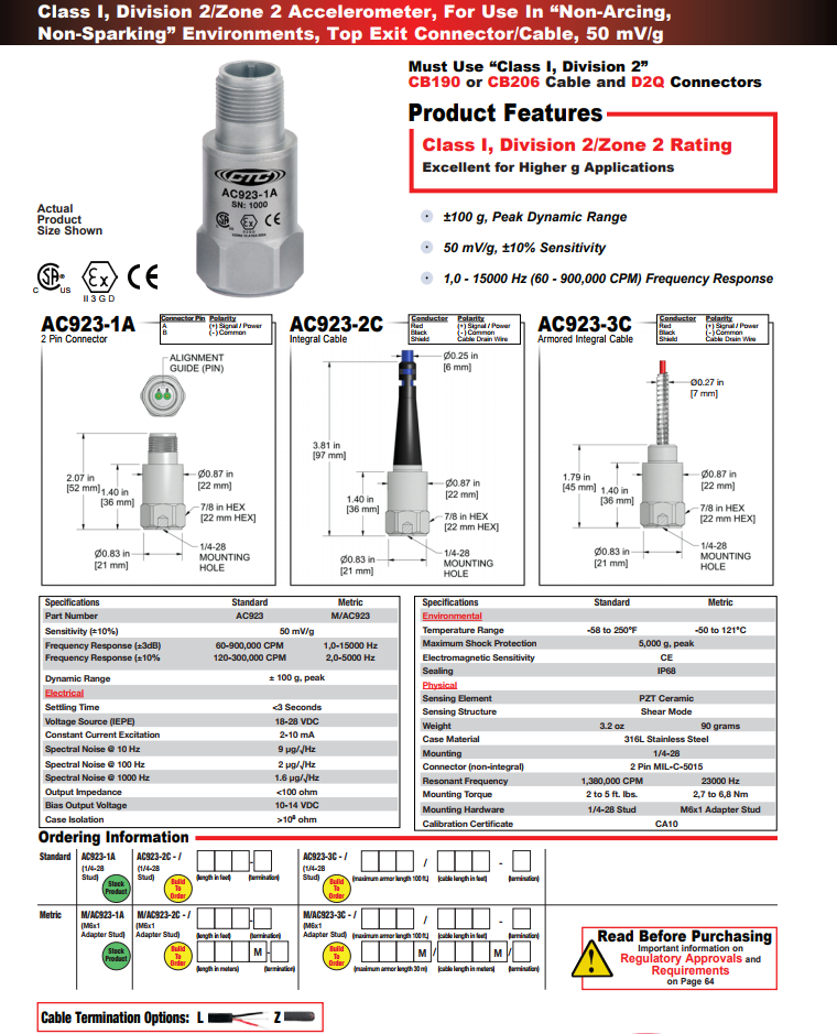 CTC防爆加速度振動傳感器AC923 技術(shù)參數(shù)