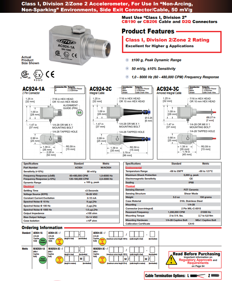 CTC防爆加速度振動傳感器AC924技術參數