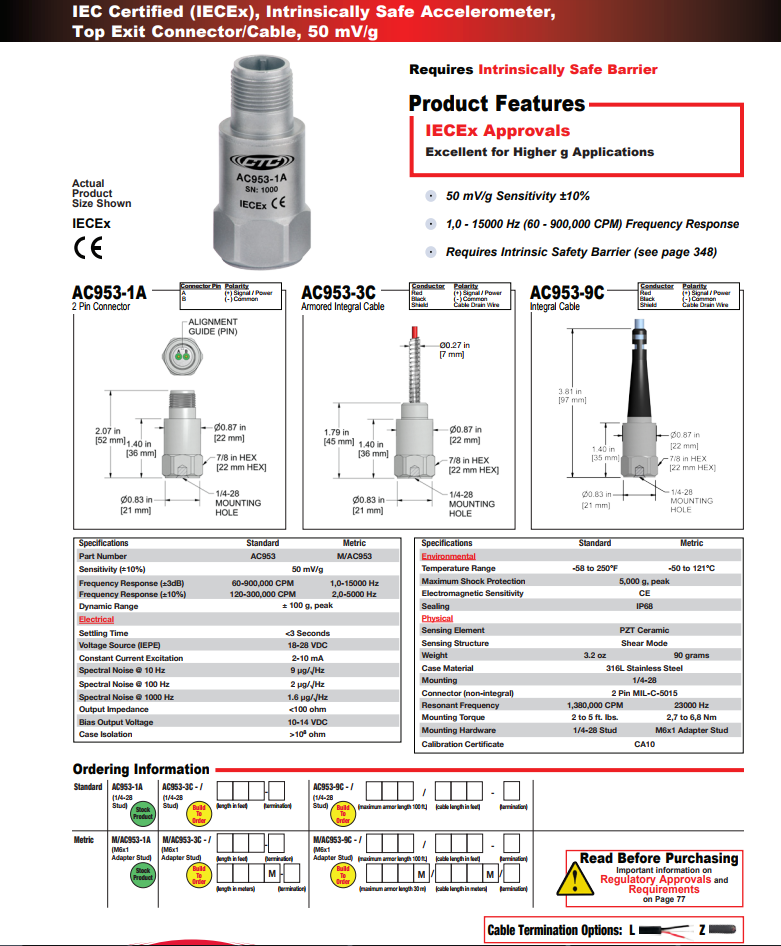 CTC本質安全加速度振動傳感器AC953技術參數