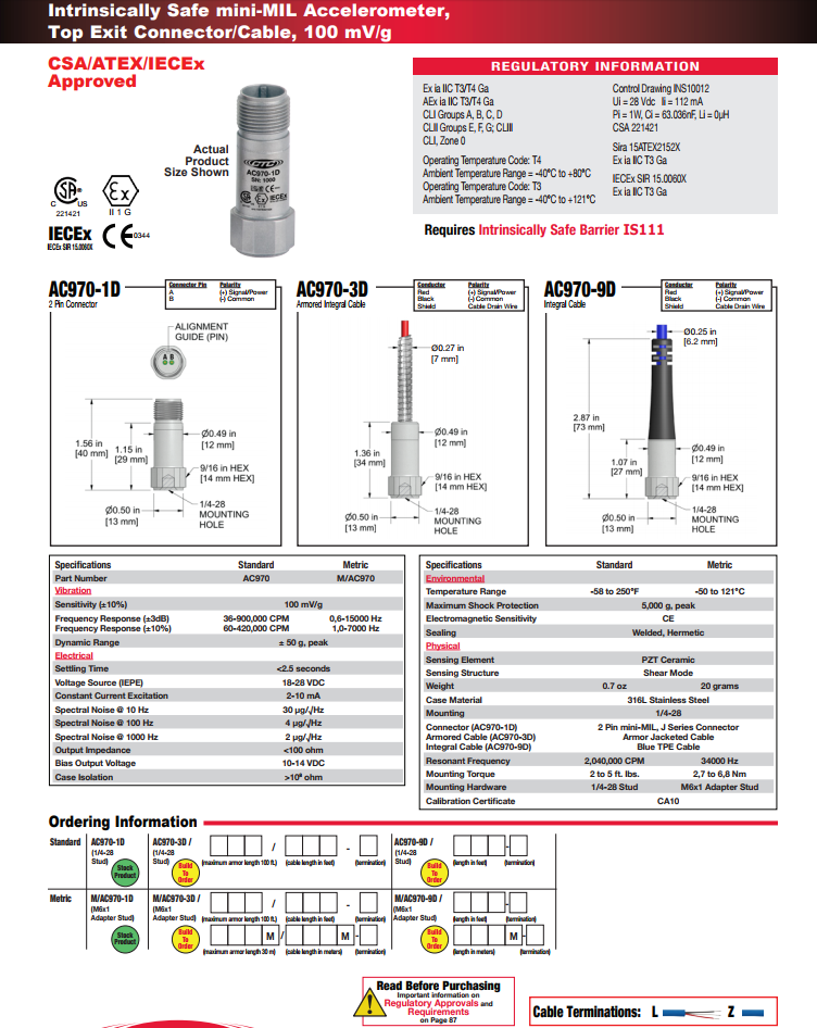CTC本安型小型加速度振動傳感器AC970技術參數 
