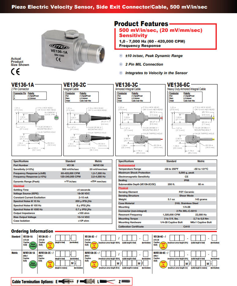 CTC壓電式速度振動傳感器VE136技術參數